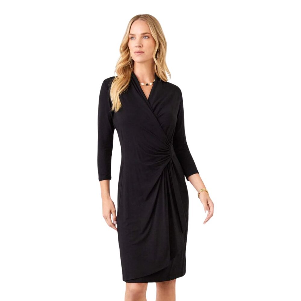 NWT Karen Kane Black Cascade Wrap Dress 3/4 Sleeve Stretch Jersey – Size XS